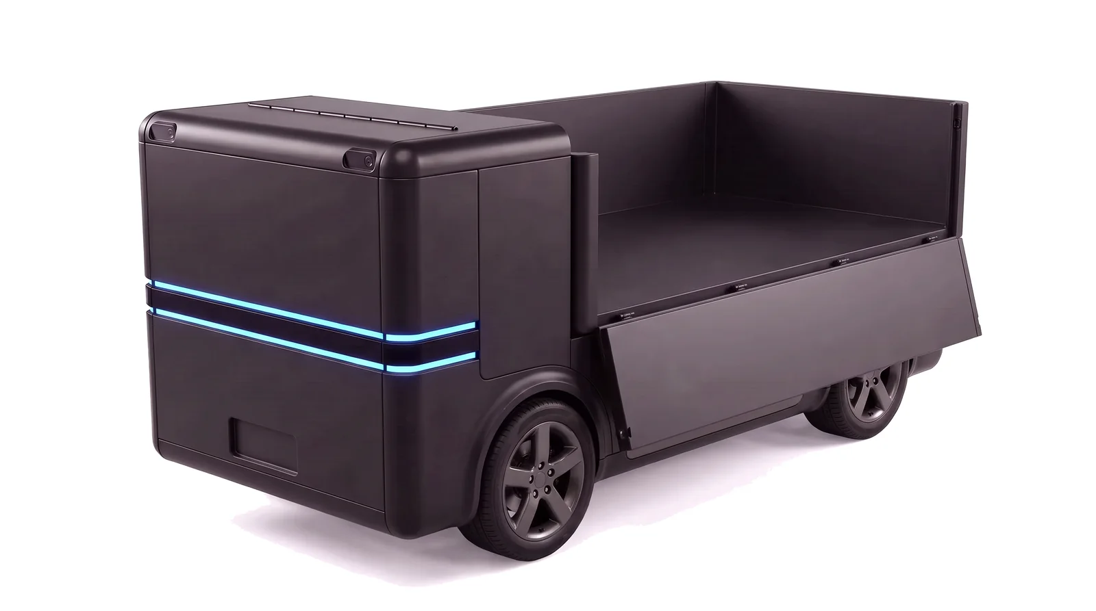 Big Trashy: the same matte black body on a bigger platform, with an open bed and a lift gate.