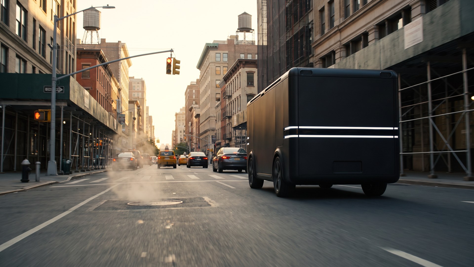 A Trashy driving a Manhattan avenue at golden hour with its light strips running white, then parked at the curb with them turned blue and its lid open.