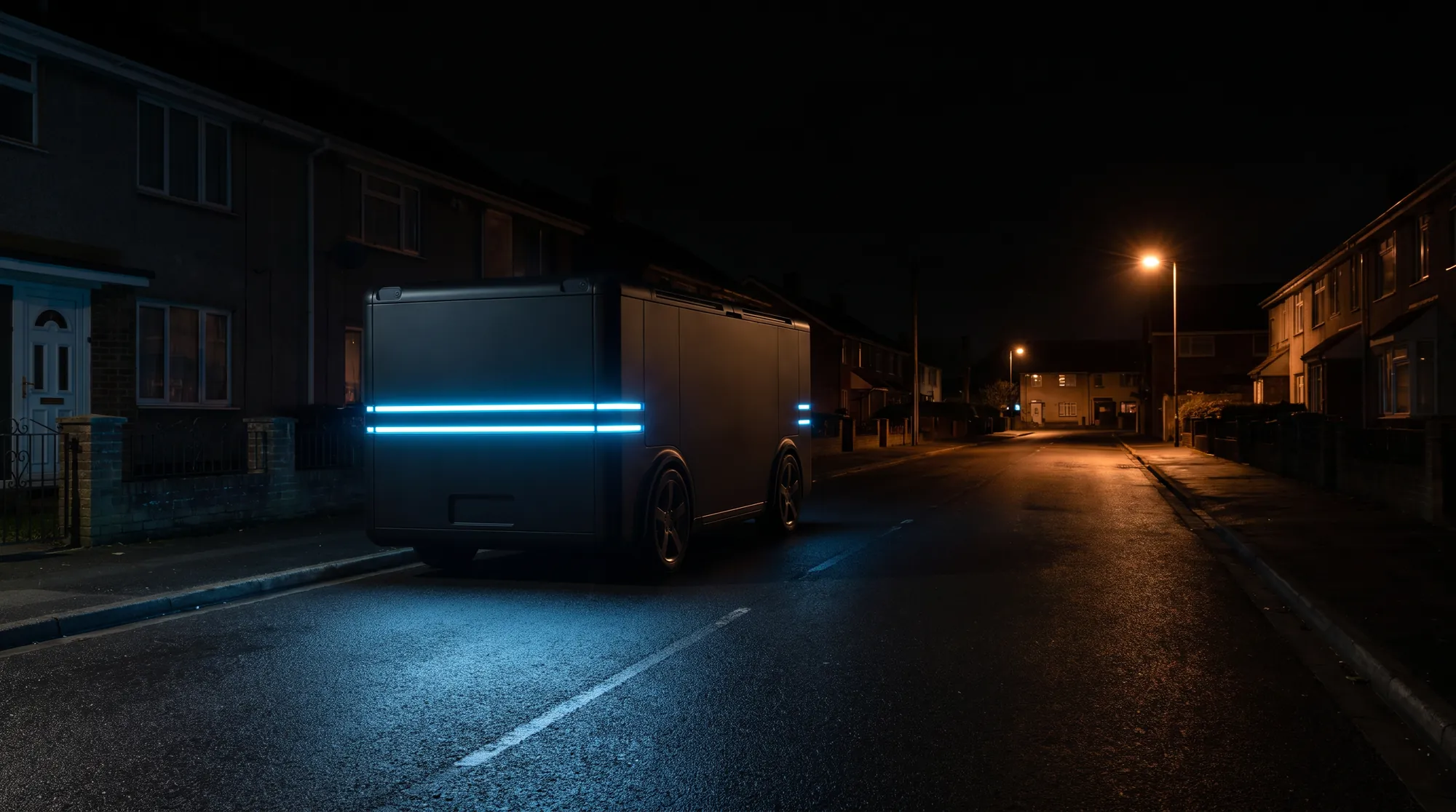 A Trashy holding at the curb in the middle of the night, its light bars lit blue.