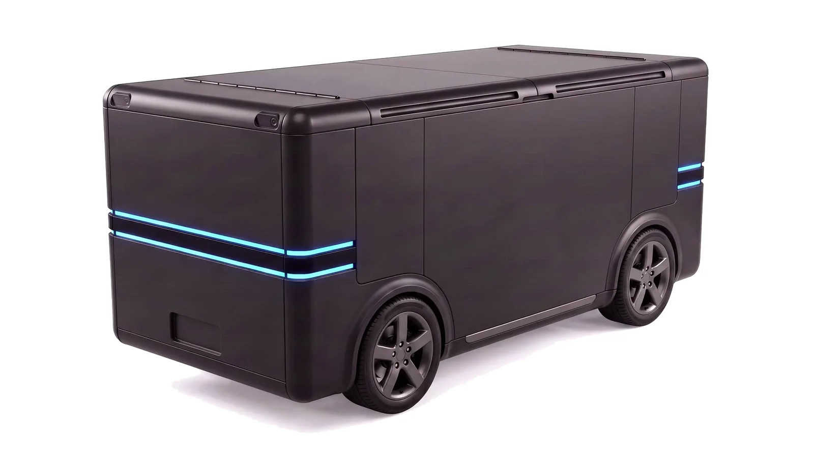 A Trashy: a matte black container body on a low electric skateboard chassis.